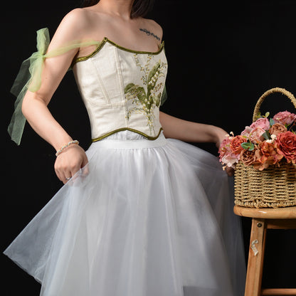 Renaissance Style Embroidered  Corset Vest Bustie with Tulle Straps