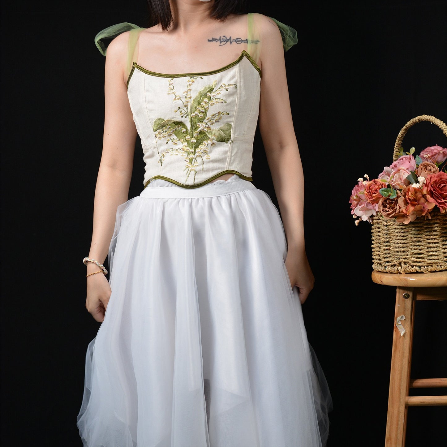 Renaissance Style Embroidered  Corset Vest Bustie with Tulle Straps