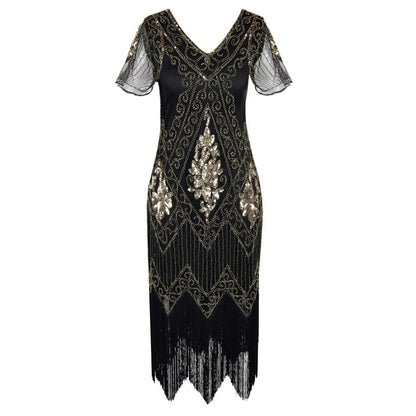 Art Deco V-Neck Flapper Dress with Accessories Set