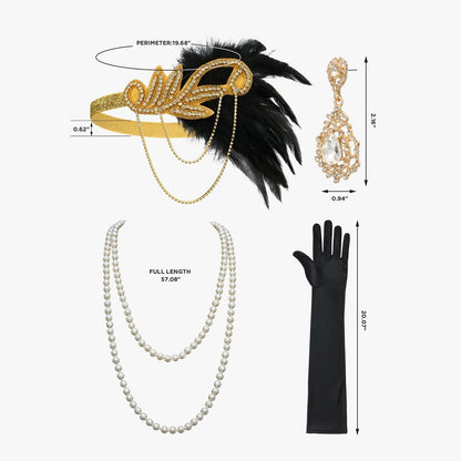 Art Deco V-Neck Flapper Dress with Accessories Set