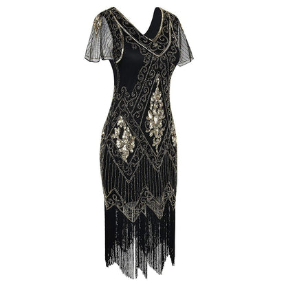 Art Deco V-Neck Flapper Dress with Accessories Set