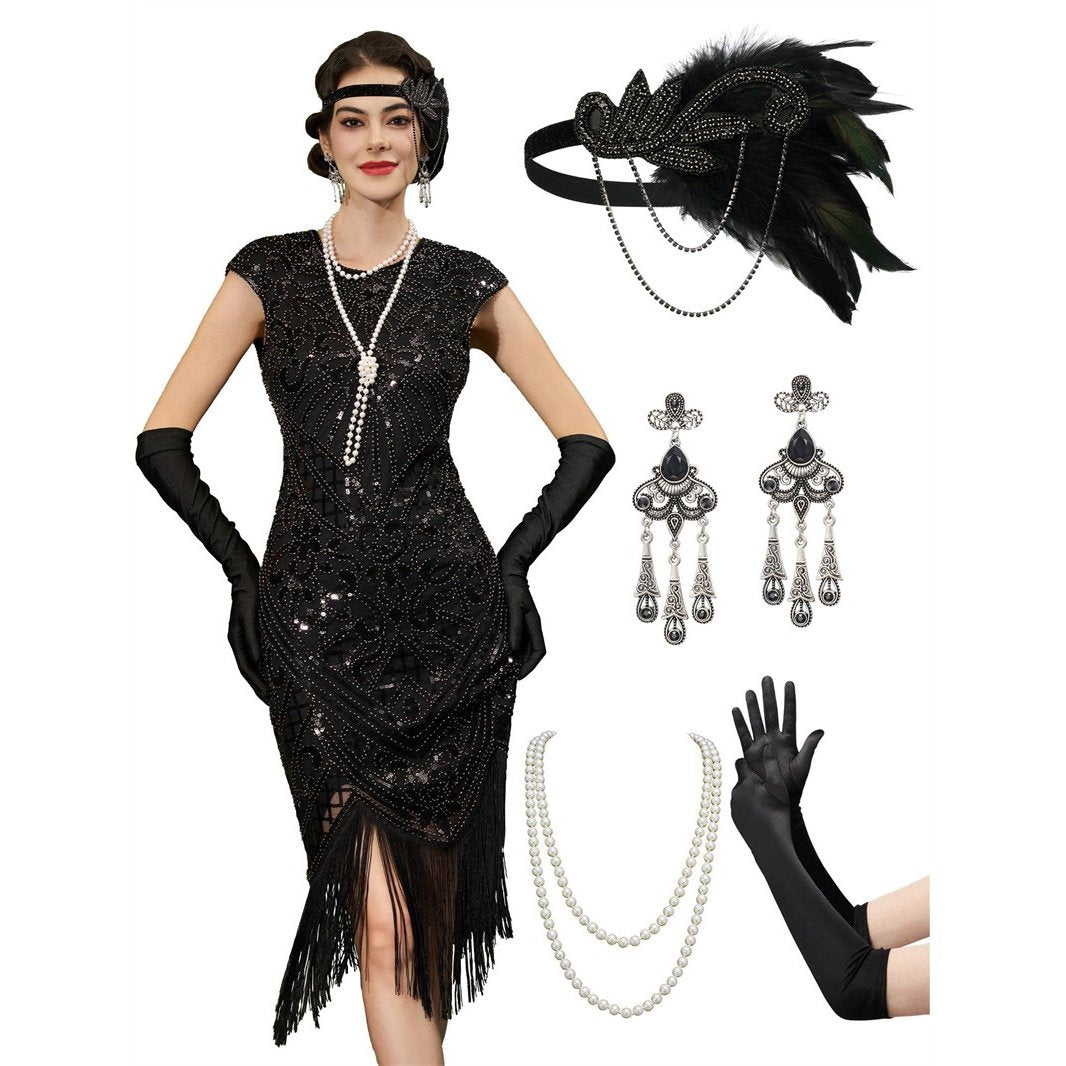 Art Deco Tassel Hem Flapper Dress with Accessories Set