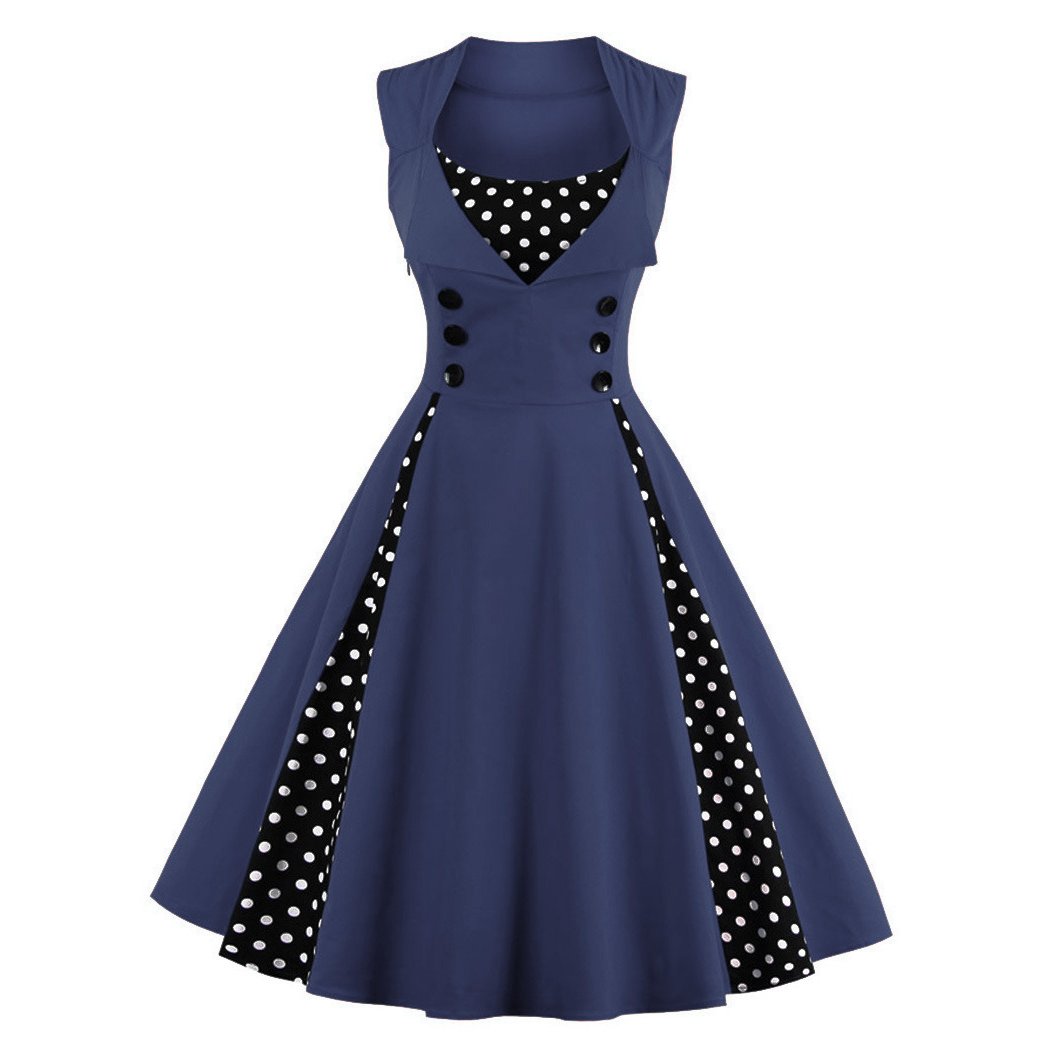 Women's 1950s Polka Dot Patchwork Lapel Collar Sleeveless A-Line Rockabilly Dress
