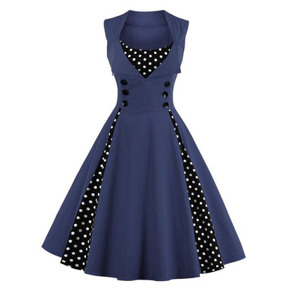 Women's 1950s Polka Dot Patchwork Lapel Collar Sleeveless A-Line Rockabilly Dress