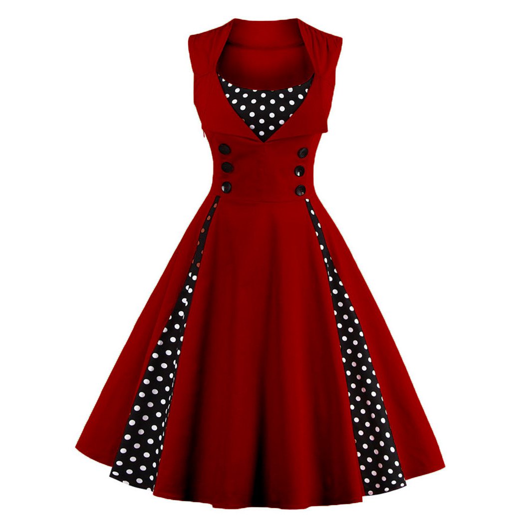 Women's 1950s Polka Dot Patchwork Lapel Collar Sleeveless A-Line Rockabilly Dress
