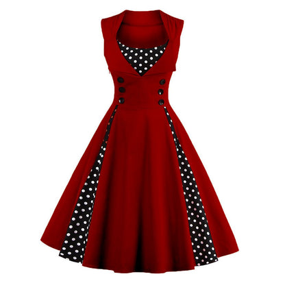 Women's 1950s Polka Dot Patchwork Lapel Collar Sleeveless A-Line Rockabilly Dress