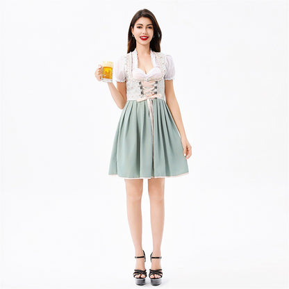 Oktoberfest Green Dirndl Dress with Blouse and Lace Apron