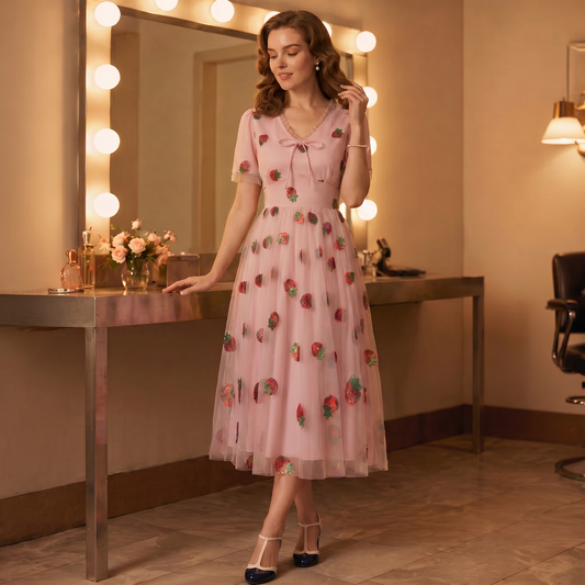 Strawberry Embroidered Mesh Midi Dress