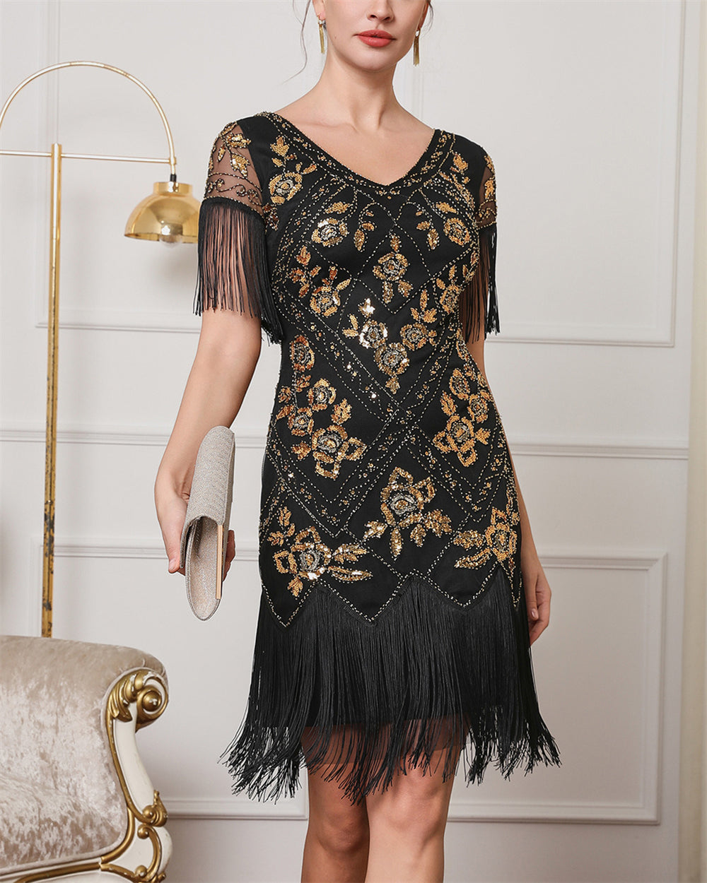1920s Sequin Flapper Dress with Fringe