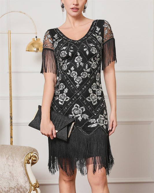 1920s Sequin Flapper Dress with Fringe