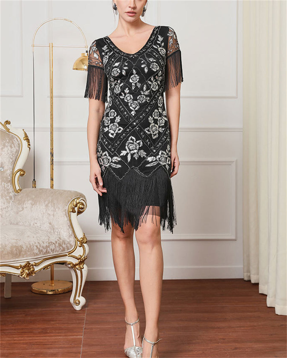 1920s Sequin Flapper Dress with Fringe