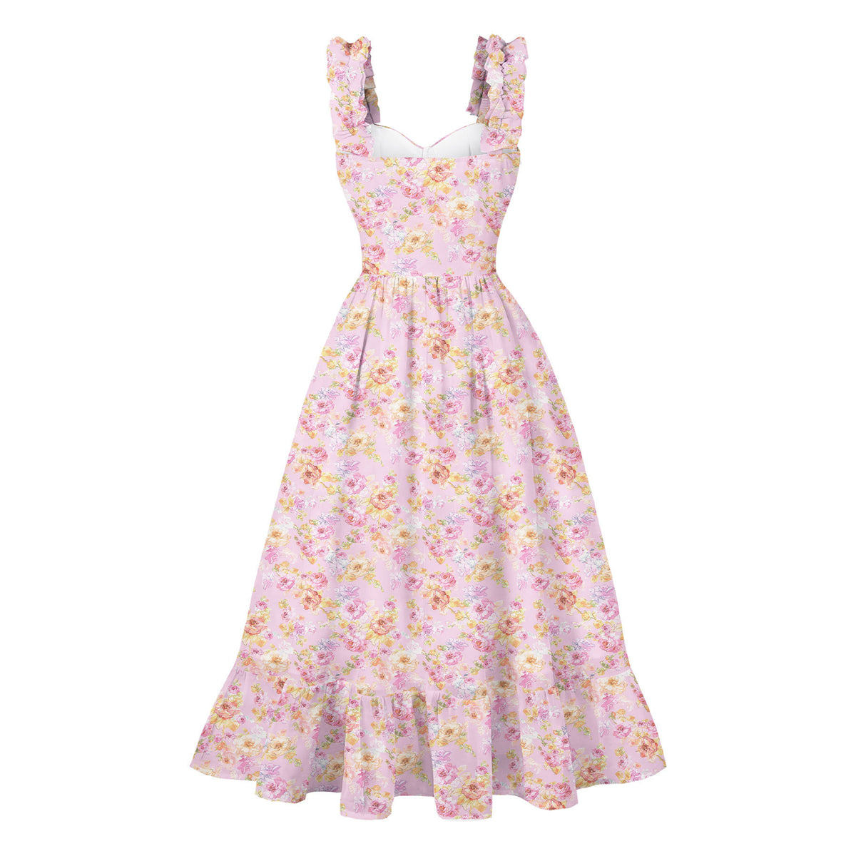 Women's 1950s Tie Dye Ruffle Strap Sweetheart Neck A-Line Midi Dress