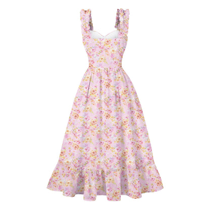 Women's 1950s Tie Dye Ruffle Strap Sweetheart Neck A-Line Midi Dress