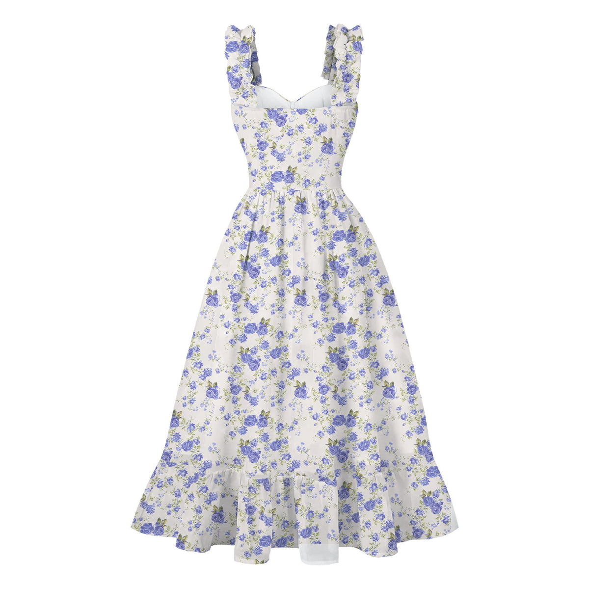 Women's 1950s Tie Dye Ruffle Strap Sweetheart Neck A-Line Midi Dress