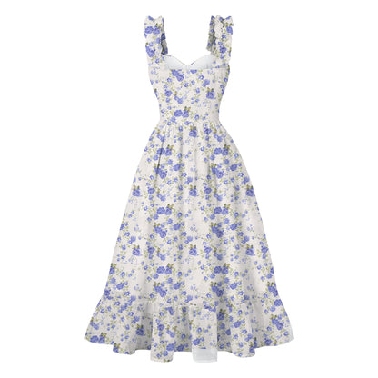 Women's 1950s Tie Dye Ruffle Strap Sweetheart Neck A-Line Midi Dress