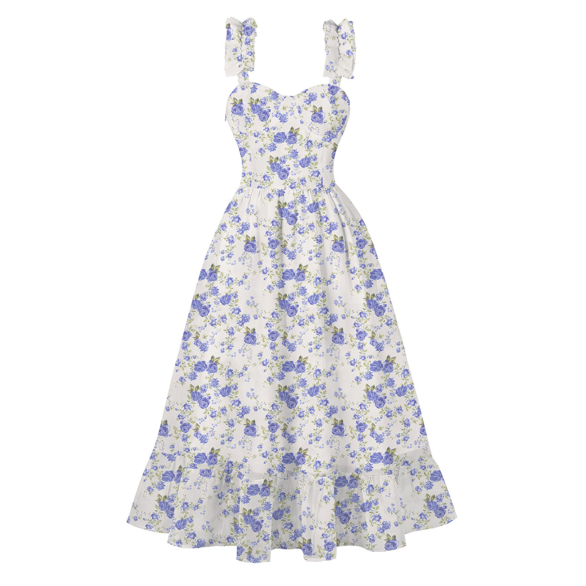 Women's 1950s Tie Dye Ruffle Strap Sweetheart Neck A-Line Midi Dress