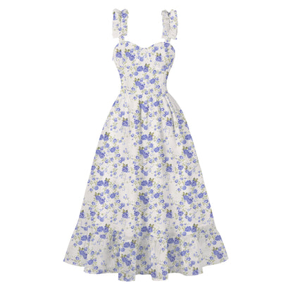 Women's 1950s Tie Dye Ruffle Strap Sweetheart Neck A-Line Midi Dress