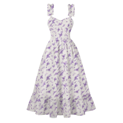 Women's 1950s Tie Dye Ruffle Strap Sweetheart Neck A-Line Midi Dress