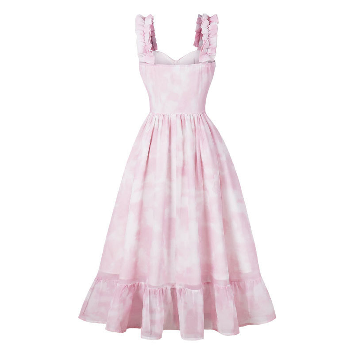 Women's 1950s Tie Dye Ruffle Strap Sweetheart Neck A-Line Midi Dress