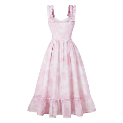 Women's 1950s Tie Dye Ruffle Strap Sweetheart Neck A-Line Midi Dress