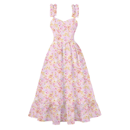 Women's 1950s Tie Dye Ruffle Strap Sweetheart Neck A-Line Midi Dress