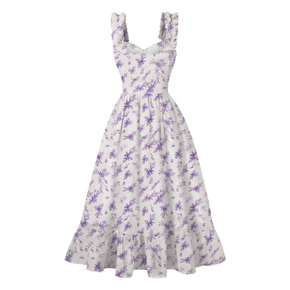 Women's 1950s Tie Dye Ruffle Strap Sweetheart Neck A-Line Midi Dress