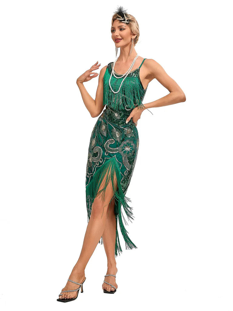 Irregular Tassel Hem Peacock Flapper Dress