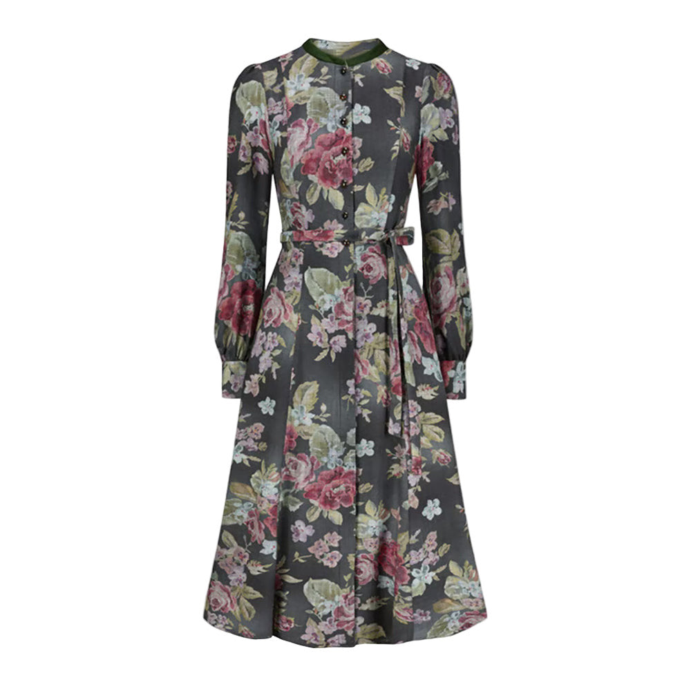 Women's Floral Long Sleeve Dirndl Dress Stand Collar Button Down with Apron