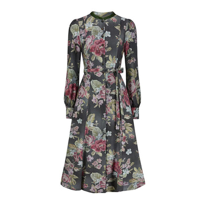 Women's Floral Long Sleeve Dirndl Dress Stand Collar Button Down with Apron