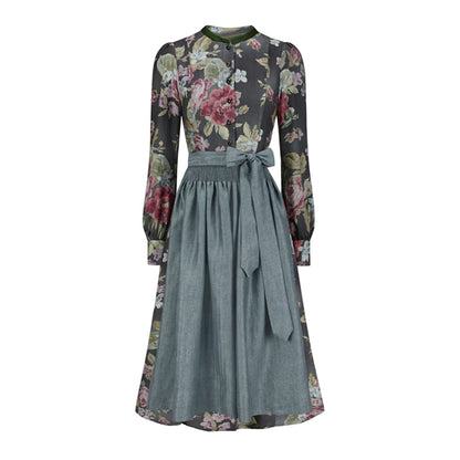 Women's Floral Long Sleeve Dirndl Dress Stand Collar Button Down with Apron