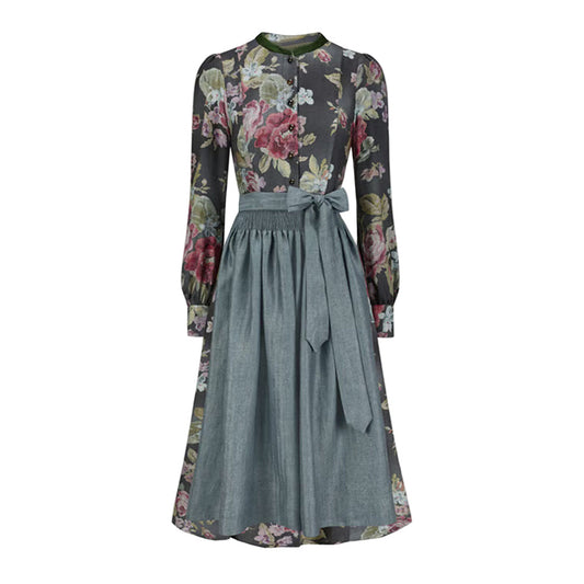 Women's Floral Long Sleeve Dirndl Dress Stand Collar Button Down with Apron