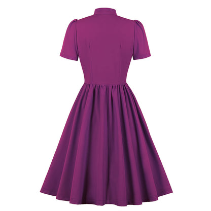 Women's 1950s Solid Teal Bow Tie Neck Button Down A-Line Tea Dress