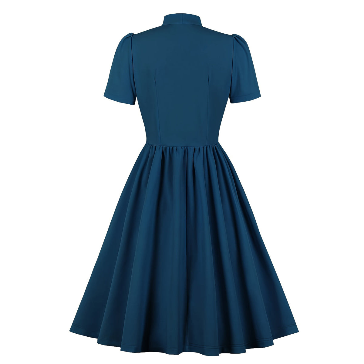 Women's 1950s Solid Teal Bow Tie Neck Button Down A-Line Tea Dress