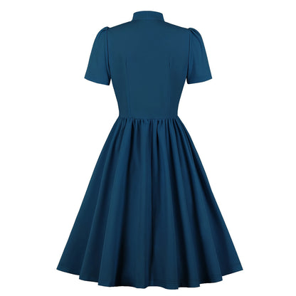 Women's 1950s Solid Teal Bow Tie Neck Button Down A-Line Tea Dress