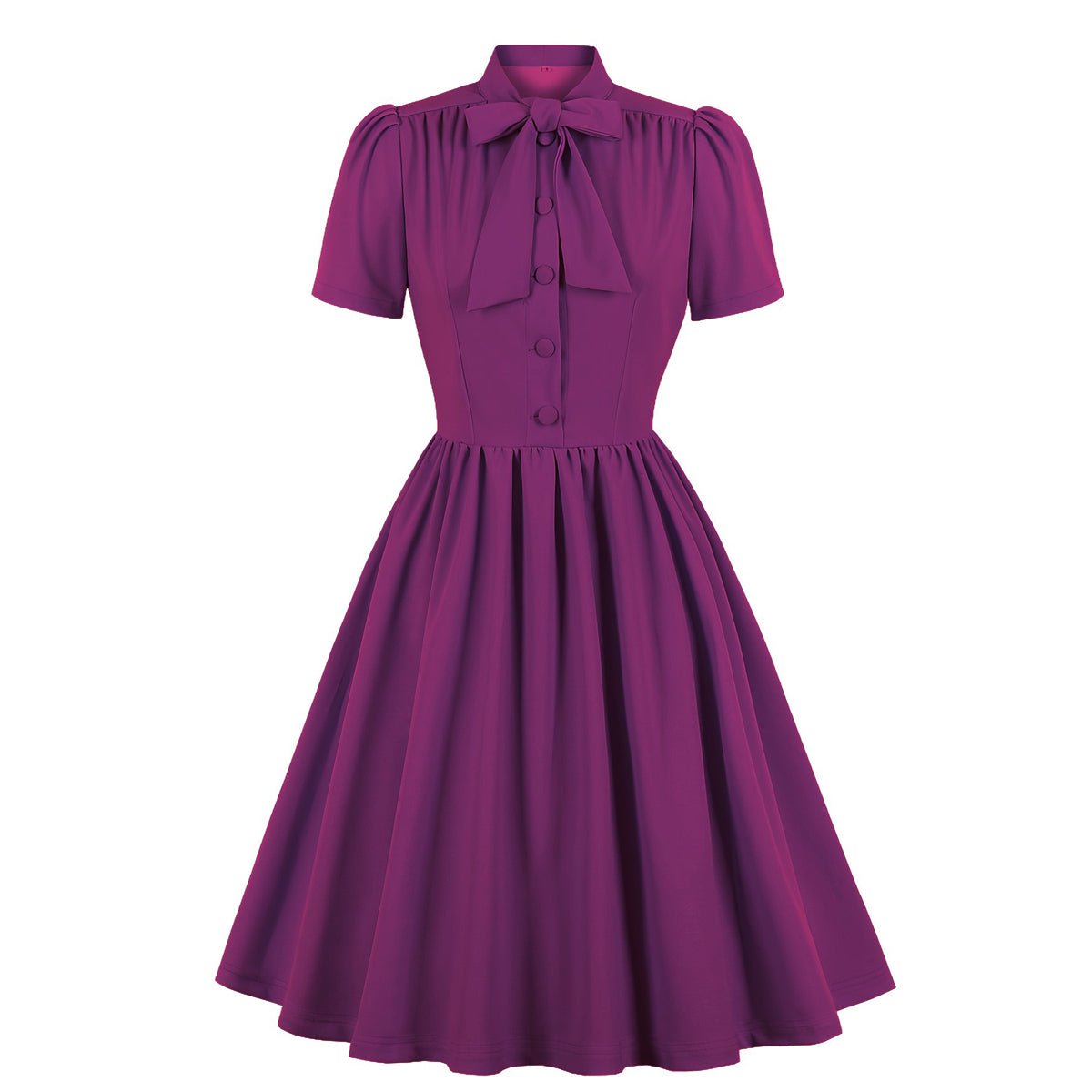 Women's 1950s Solid Teal Bow Tie Neck Button Down A-Line Tea Dress