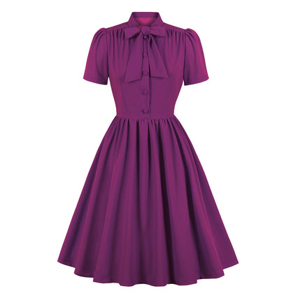 Women's 1950s Solid Teal Bow Tie Neck Button Down A-Line Tea Dress