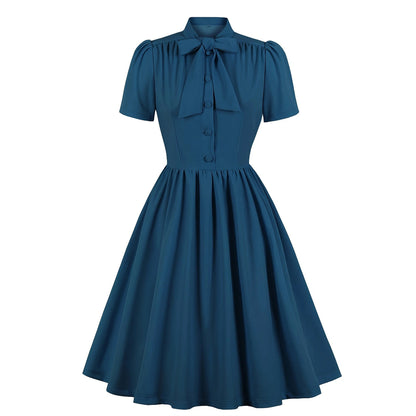 Women's 1950s Solid Teal Bow Tie Neck Button Down A-Line Tea Dress