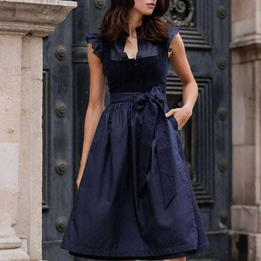 Oktoberfest Navy Blue Elegant Dirndl Dress with Apron