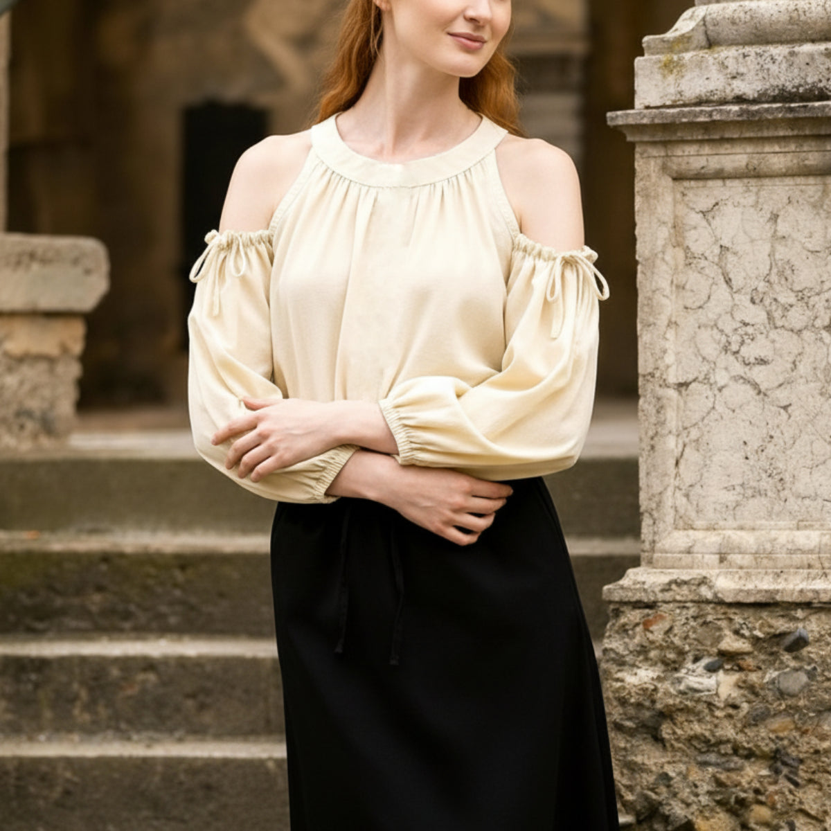 Classic Flowy Pleated Cold Shoulder Blouse