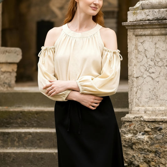 Classic Flowy Pleated Cold Shoulder Blouse