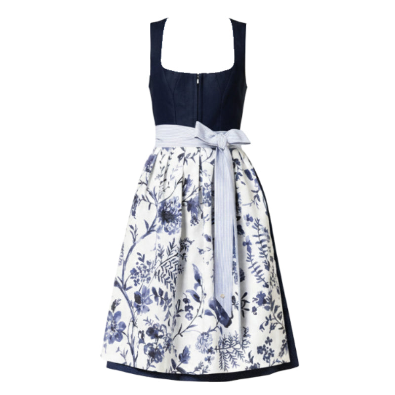 Women's Blue and White Floral Dirndl Dress with Striped Apron