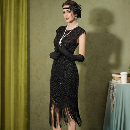 Art Deco Tassel Hem Flapper Dress with Accessories Set