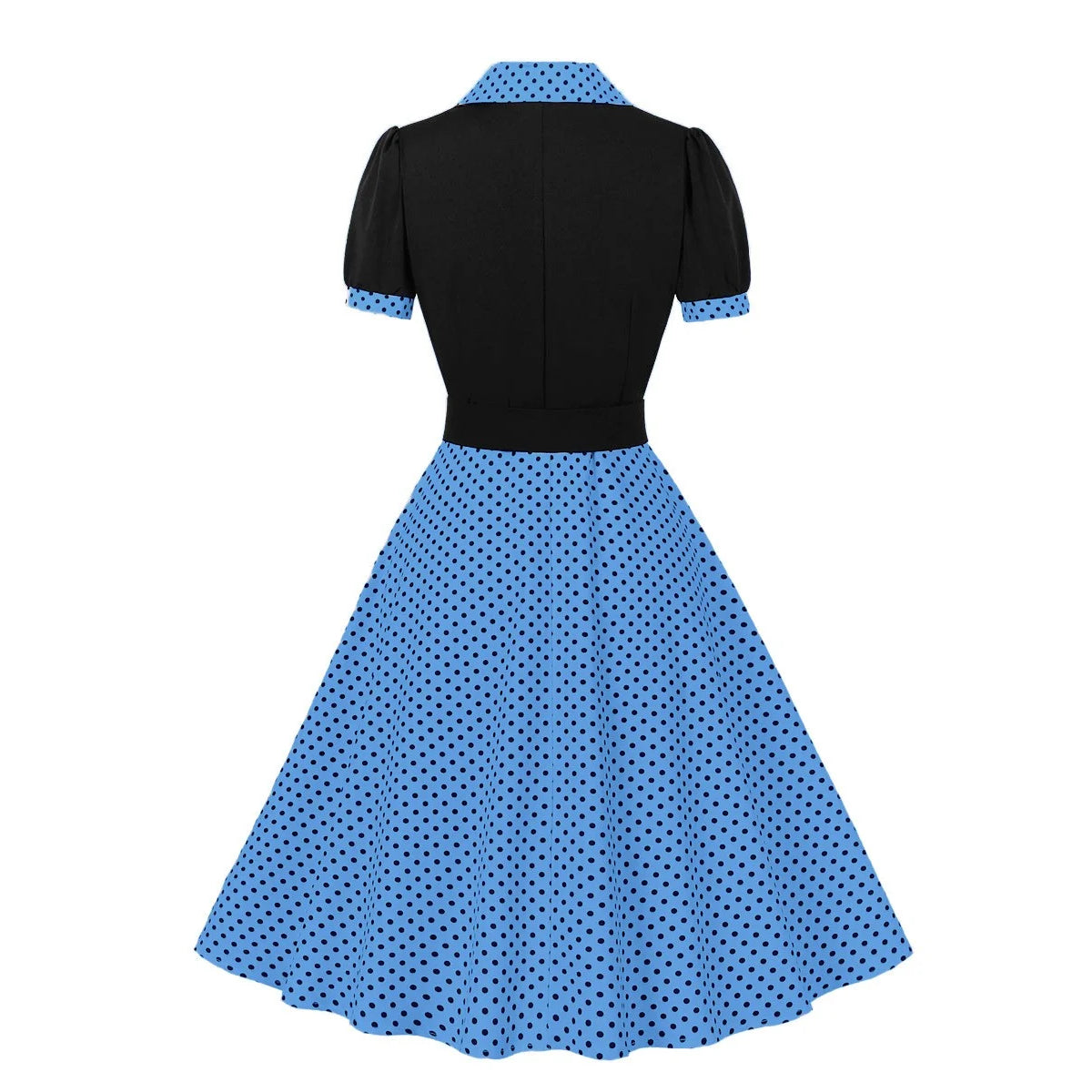 Women's 1950s Polka Dot Patchwork Lapel Collar Belted A-Line Rockabilly Dress
