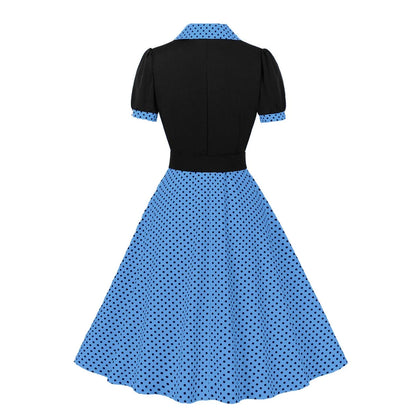 Women's 1950s Polka Dot Patchwork Lapel Collar Belted A-Line Rockabilly Dress