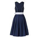 Women's Blue and White Floral Dirndl Dress with Striped Apron