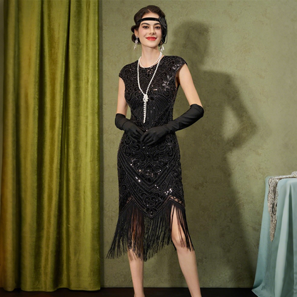 Art Deco Tassel Hem Flapper Dress with Accessories Set