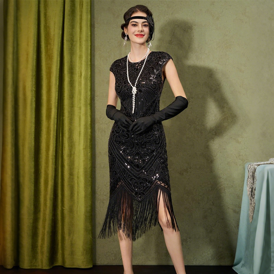 Art Deco Tassel Hem Flapper Dress with Accessories Set