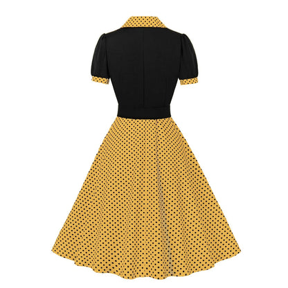 Women's 1950s Polka Dot Patchwork Lapel Collar Belted A-Line Rockabilly Dress