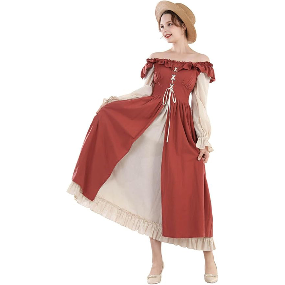 Renaissance Cottagecore Dress with Long Sleeves and Ruffle Trim - Retrorobe