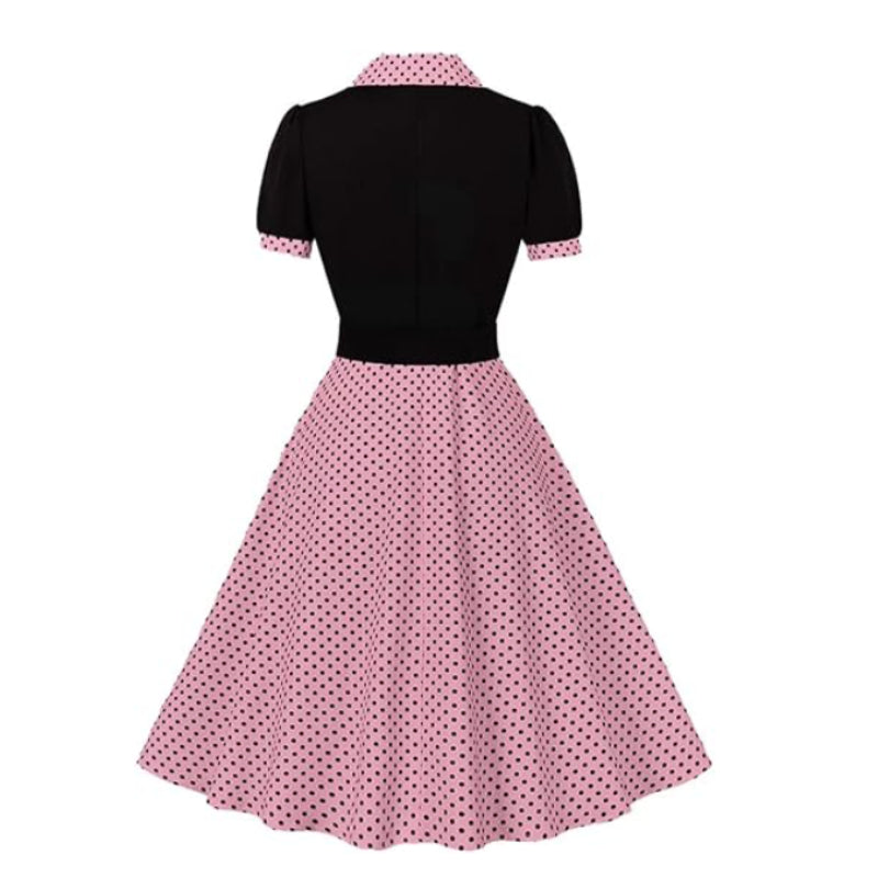 Women's 1950s Polka Dot Patchwork Lapel Collar Belted A-Line Rockabilly Dress